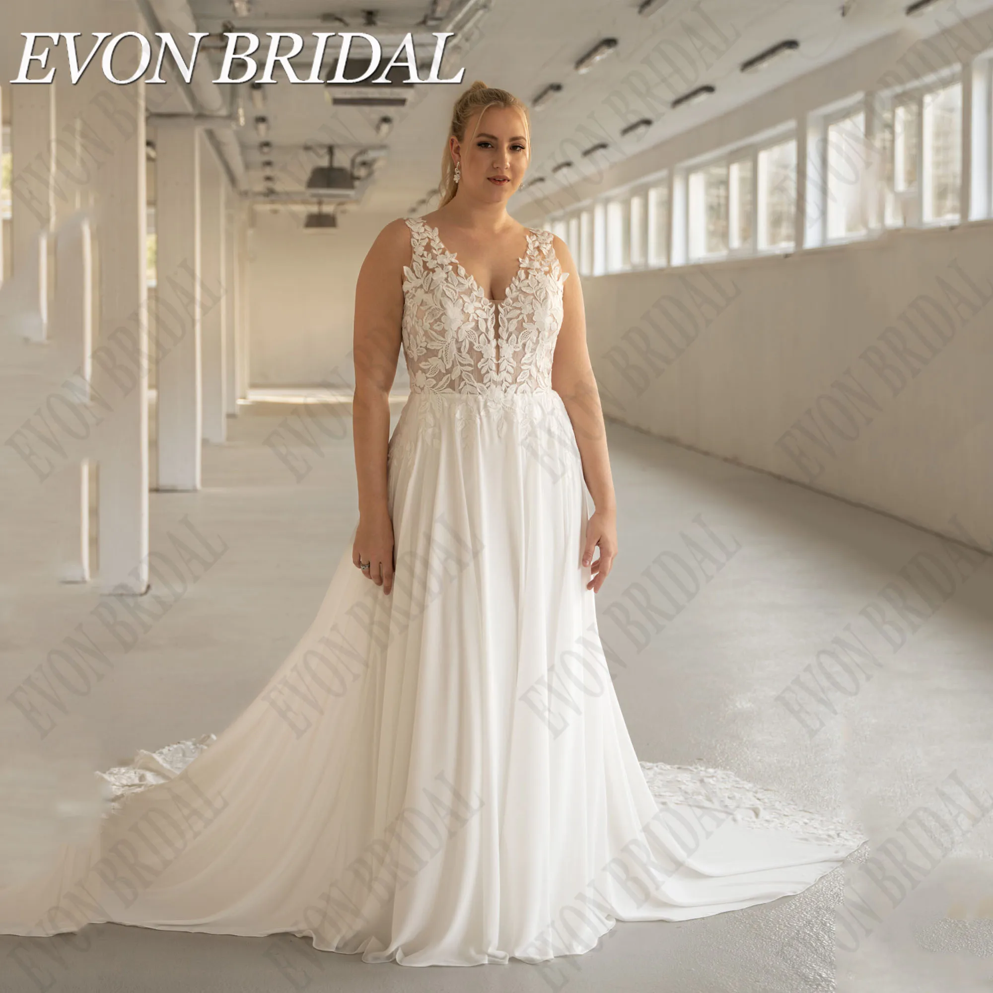 

EVON BRIDAL Chiffon Plus Size Wedding Dress Sleeveless Double V-Neck A-Line Applique Illusion Back Robes De Mariée Bride Gowns