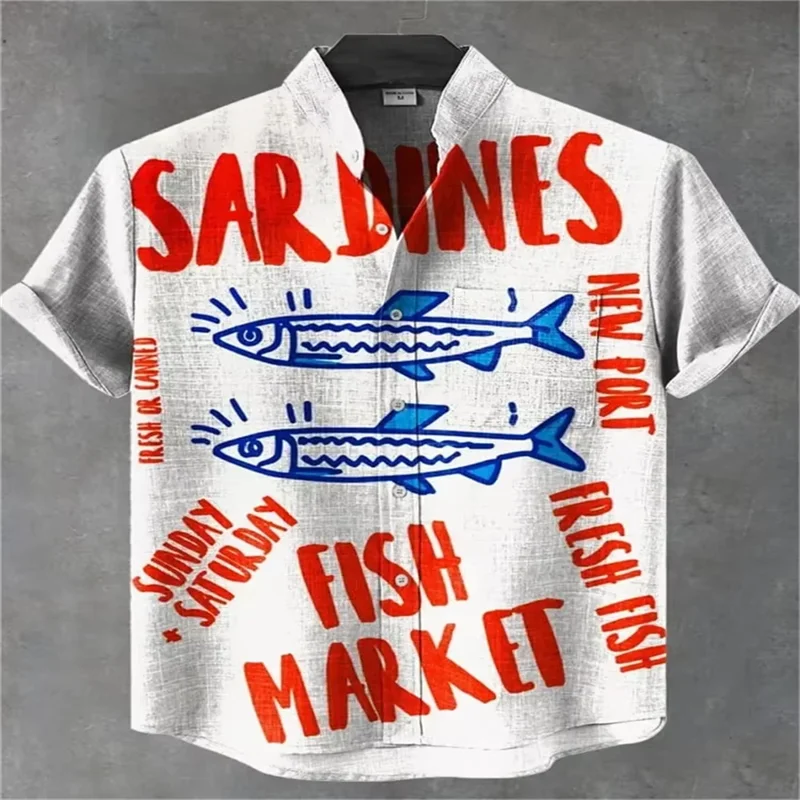 

Camisa de lino de manga corta con cuello alto para hombre, informal, con botones y estampado de peces, de verano