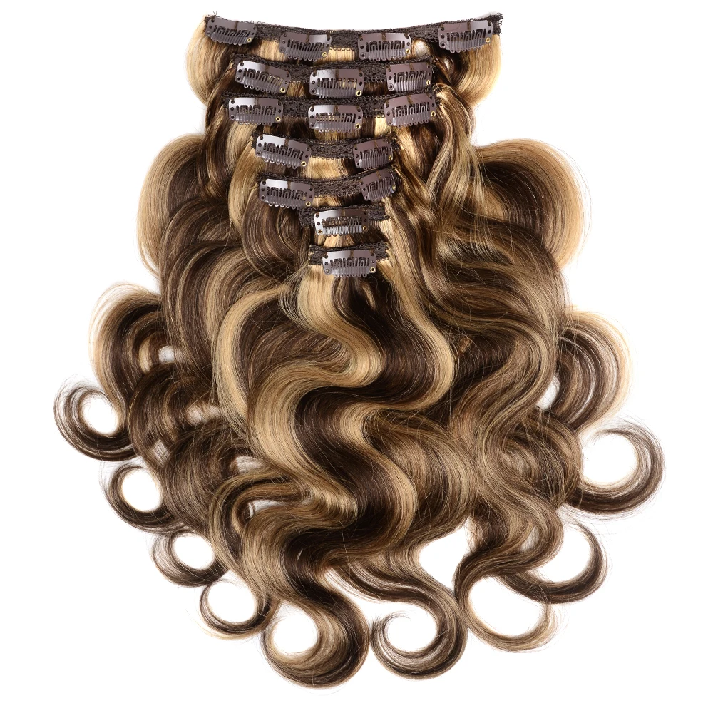 P4/27 Bruin Tot Blonde Balayage Body Wave Clip In Hair Extension Human Hair Hoofd Braziliaanse Clip Haar Voor Vrouwen Golvend 7 Tot 10 Stuks