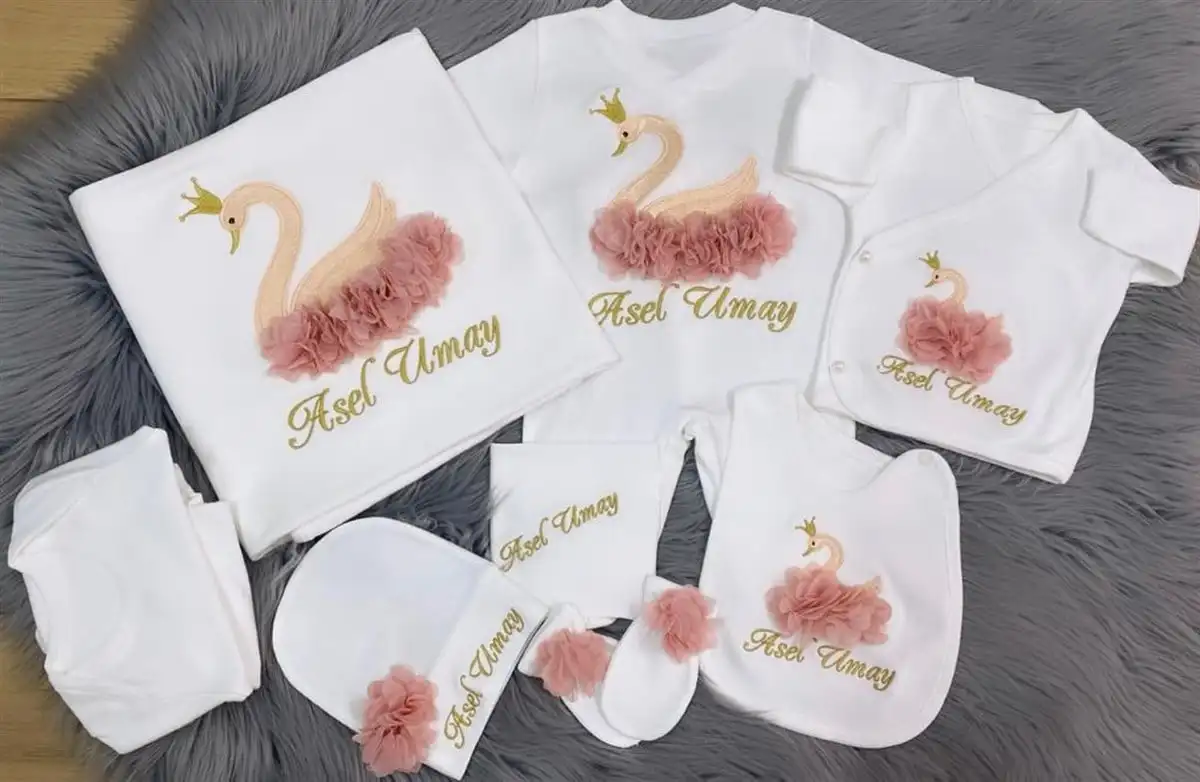 Baby Newborn Set with Kitten Mouth Swan Embroidery and Name Embroidery