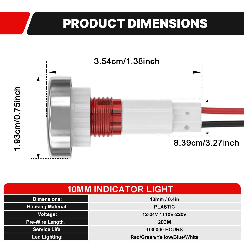 FILN 3 Stück 10mm Gewinde-LED-Anzeigelampe 12V 24V 110V 220V Vorverdrahtete Signal-Pilotlampe für Auto Boot Marine LKW – Detail 2