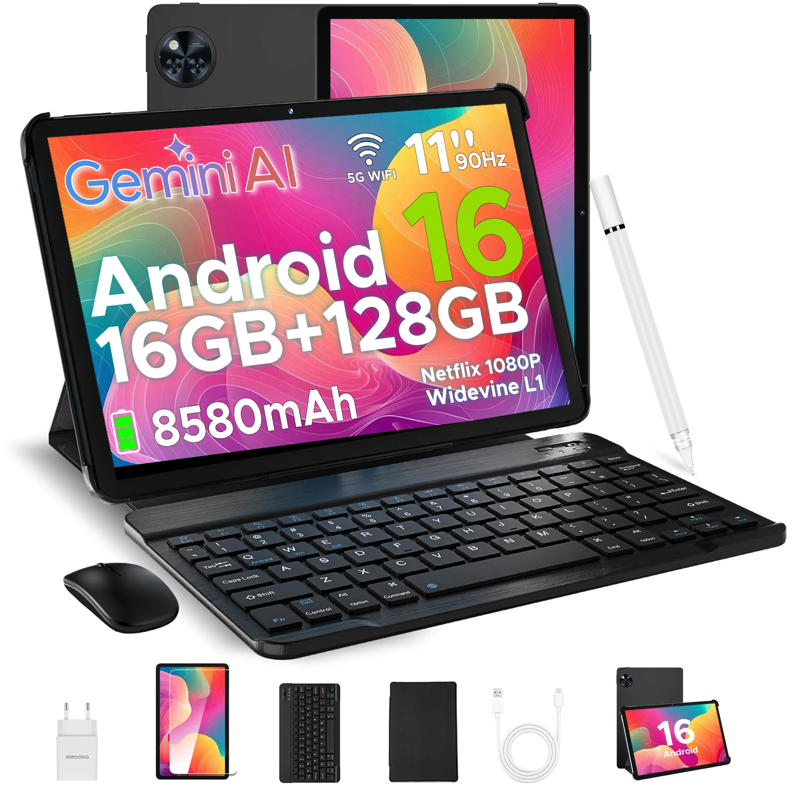 DOOGEE U11 Tablet 11 pulgadas Android 16, pantalla ultraclara 90Hz, batería de 8580mAh, 16GB (4+12) 128GB, Widevine L1, Unisoc T606 de ocho núcleos tablet con teclado y lapiz