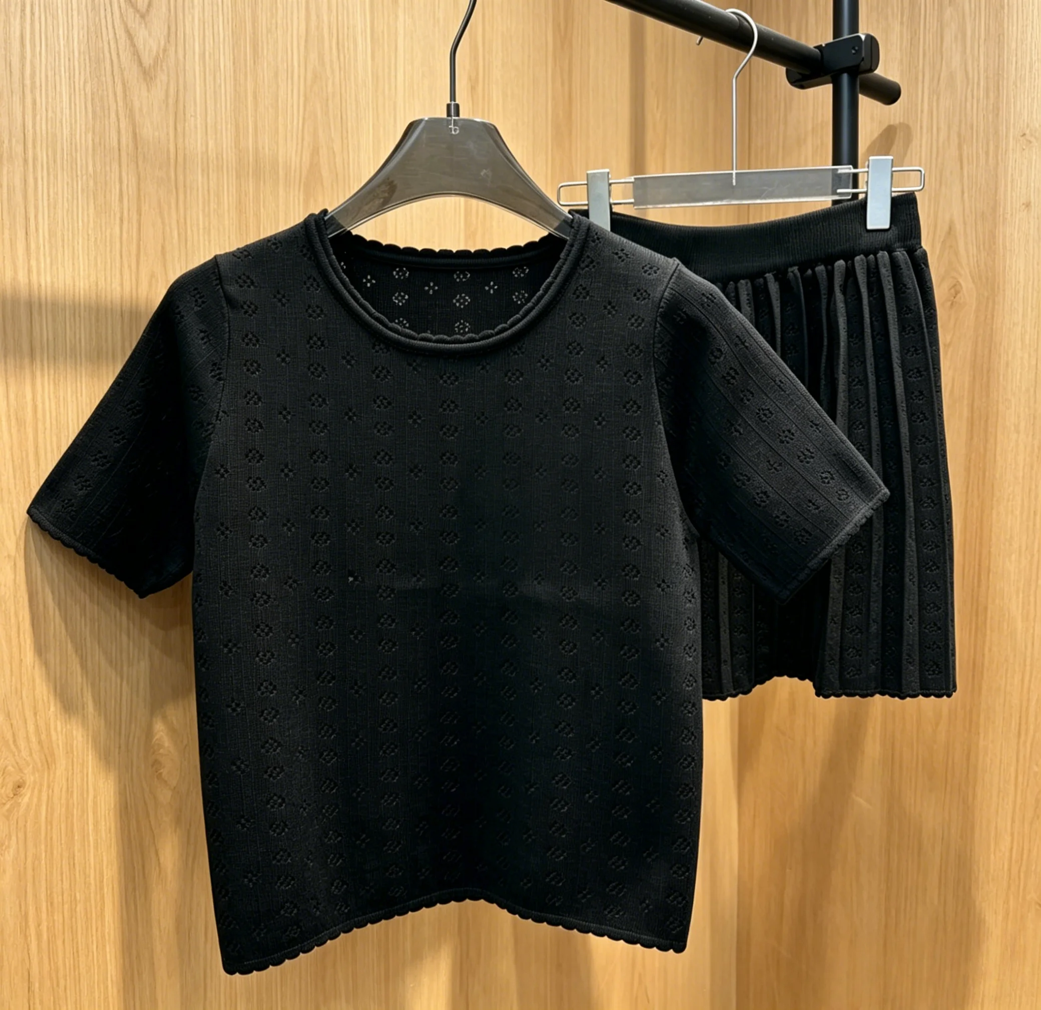 

2026 New Style Womens Black Short Sleeve Top and Short Skirt Size S Simple Slim and Stylish Code 023