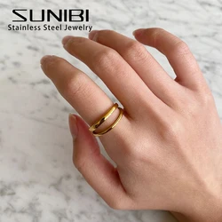 SUNIBI Stainless Steel Ring for Women Double Layer Adjustable Finger Retro Minimalist Opening Rings Girl Personality Jewelry