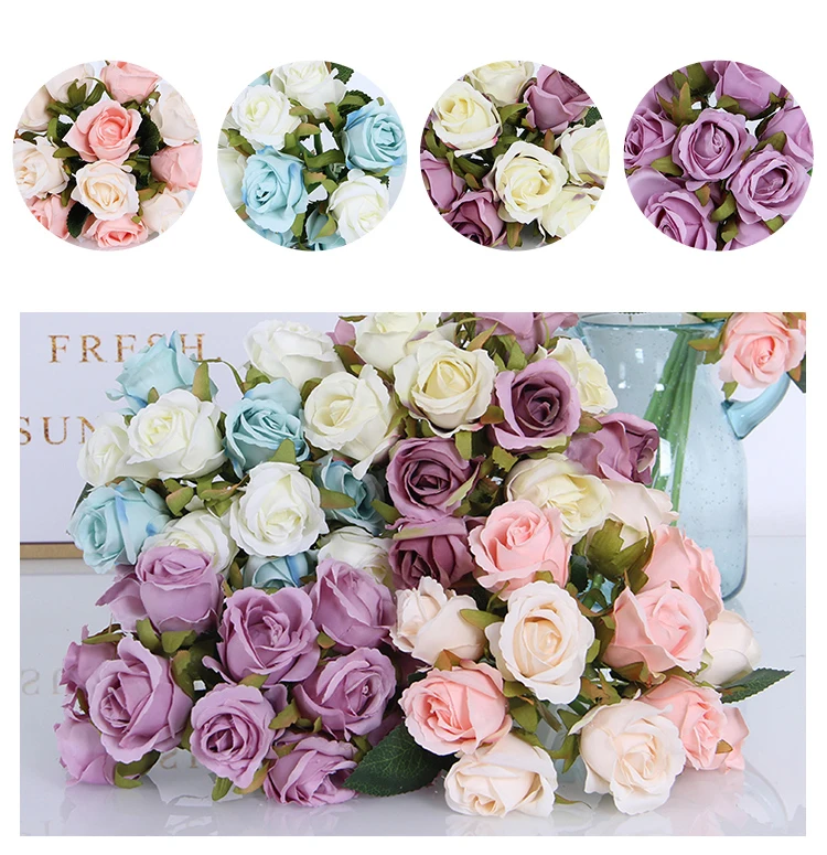 12 Heads Artificial Flowers Rose Silk Roses Bridal Wedding Bouquet Arrangements Home Office Party Decor Photography Props