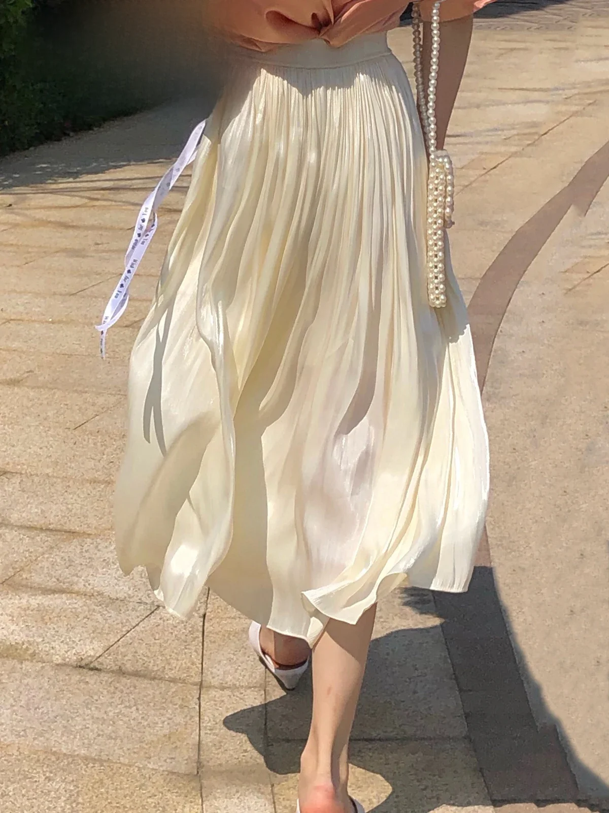 Eleganckie solidne plisowana spódnica za kolano damskie koreańskie z wysokim stanem wiosenne letnie damskie satynowe długa spódnica kobiece Faldas Saia B-032 — zdjęcie 2