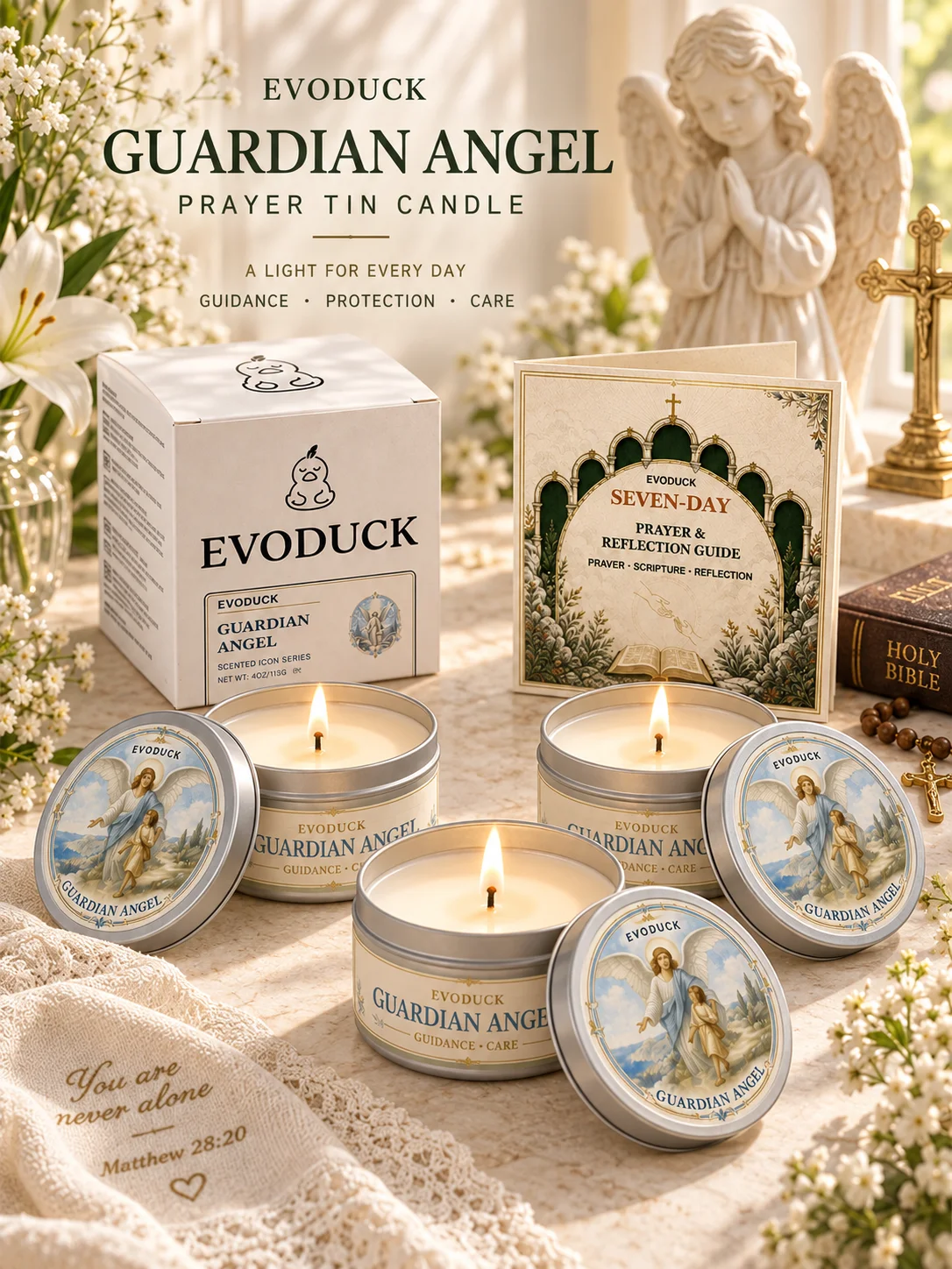 Guardian Angel Candle 3pcs Silver Tin Prayer Scented Candles with Seven Day Prayer Guide Gift Box Angel Guidance Care Catholic Christian Gifts for Baptism Christening First Communion Godchild Godmother New Mom Grandma Religious Home Decor