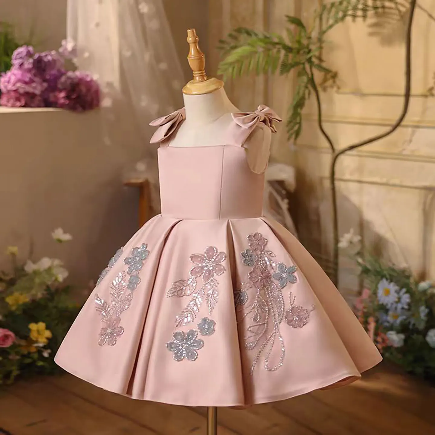 Dreamy Vow D061 Splendido colletto quadrato senza maniche con fiocco in raso rosa per bambina abiti da ragazza di fiore da sera abito da ballo corto da ballo
