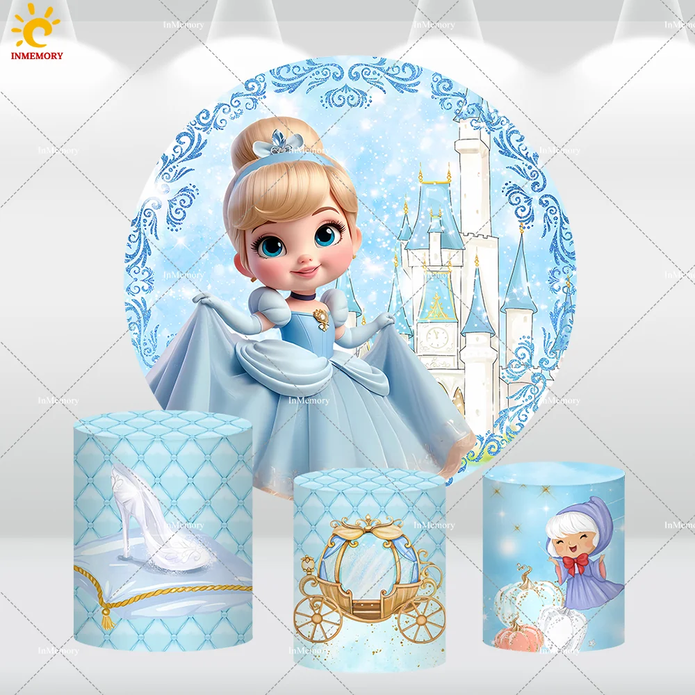 Disney Little Cinderella Birthday Round Backdrop Cover Blue Castle Newborn Baby Shower Party Background Princess Table Banner