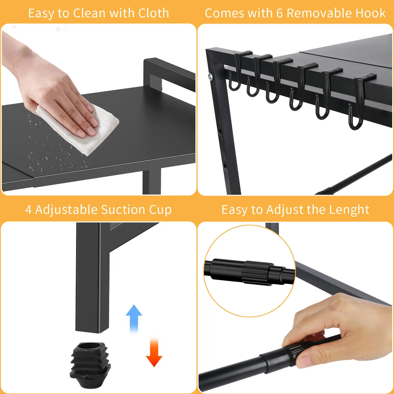 Mikrowellenregal-Organizer, Ofenregal aus Kohlenstoffstahl, erweiterbar 38–64 cm, Küchenaufbewahrung mit 6 Haken für Küchenarbeitsplatten-Organizer – Detail 7