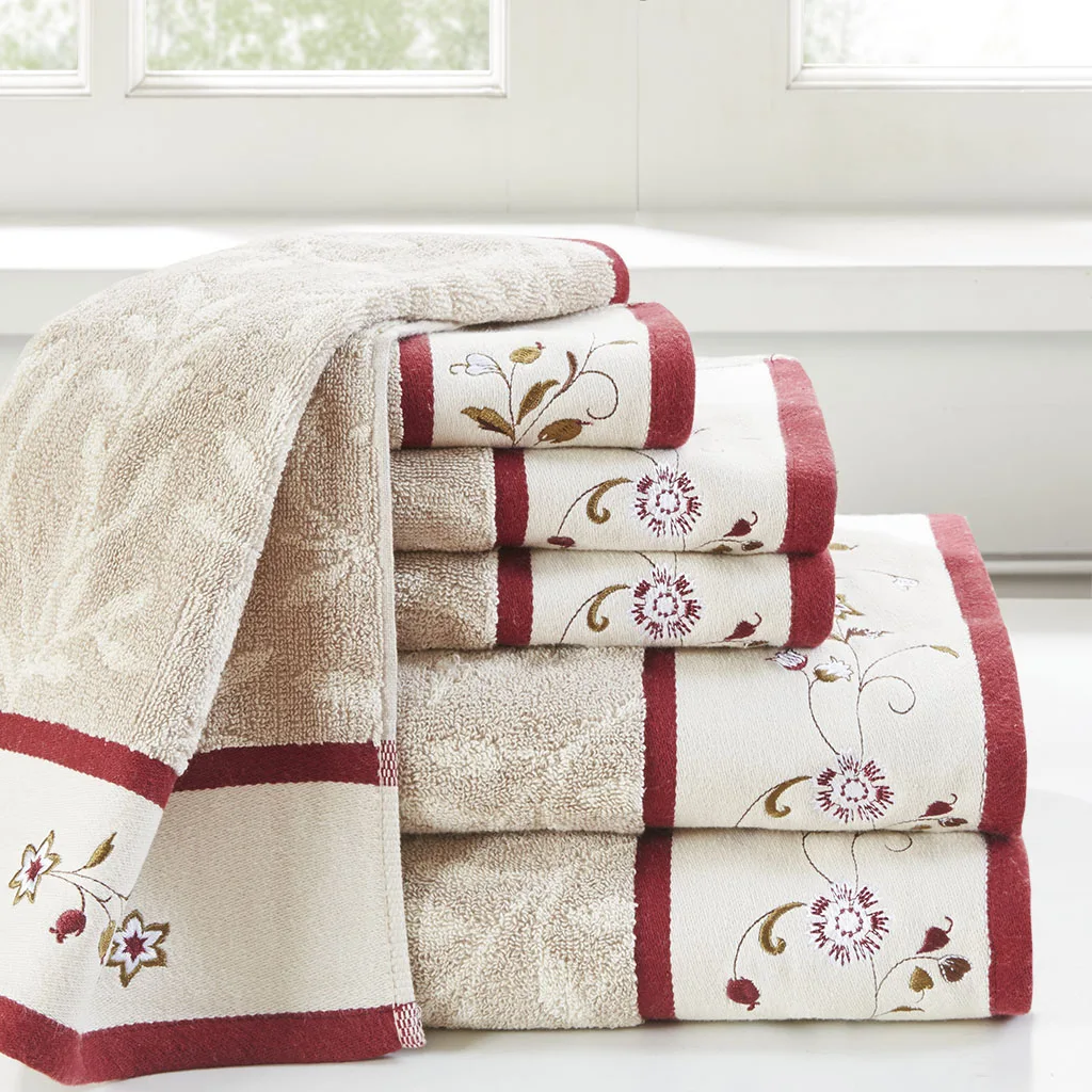 

Embroidered Cotton Jacquard 6 Piece Towel Set (Red + Cotton)