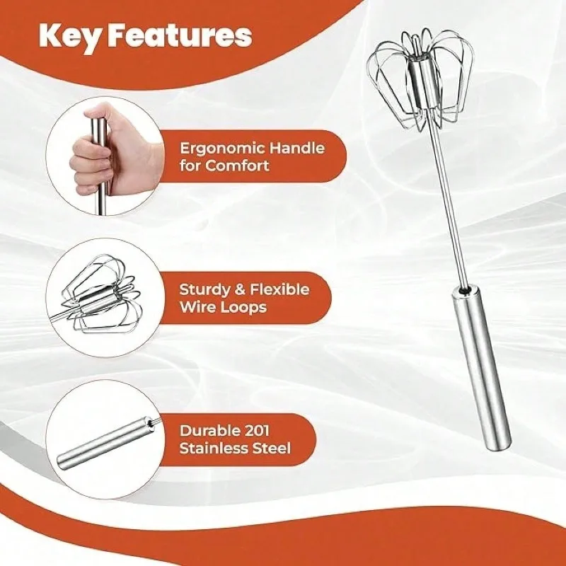 Stainless Steel Semi-Automatic Rotary Egg Beater, Hand Push Manual Whisk, Multi-Purpose Mixer For Cream Cake Batter Coffee Froth, No Electricity Labor-Saving Kitchen Tool Easy To Clean