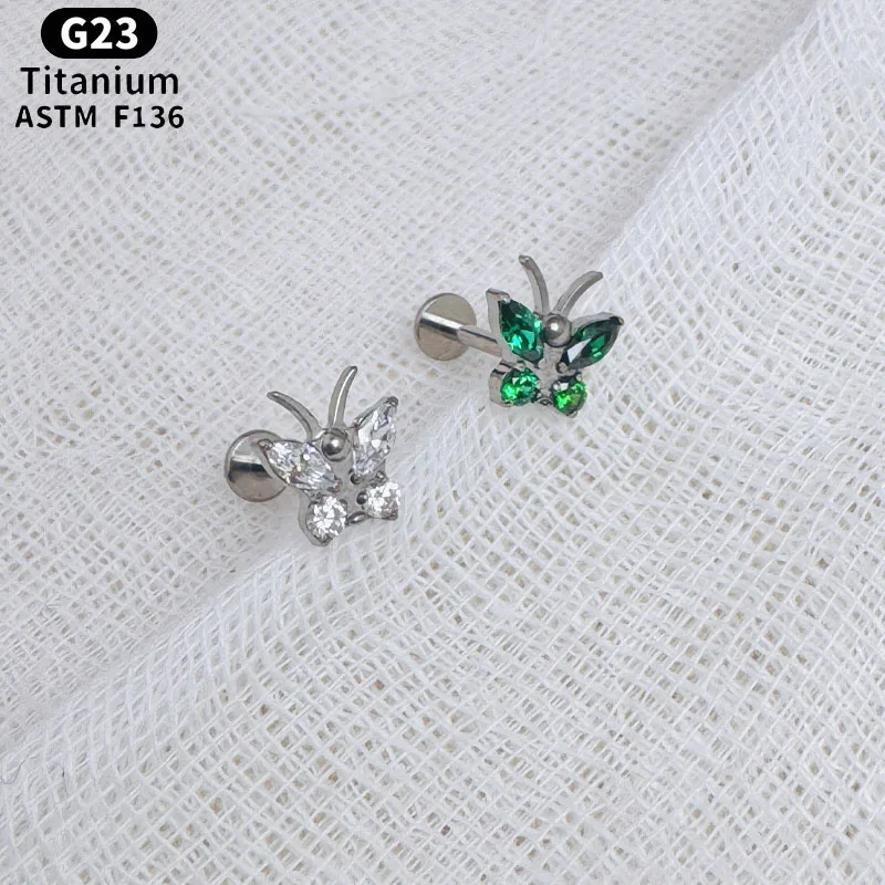 NORYAN ASTM F136 Titanium CZ Butterfly Internal Threaded Stud Earring, 16G Flat Back Cartilage Helix Nose Ear Piercing Jewelry