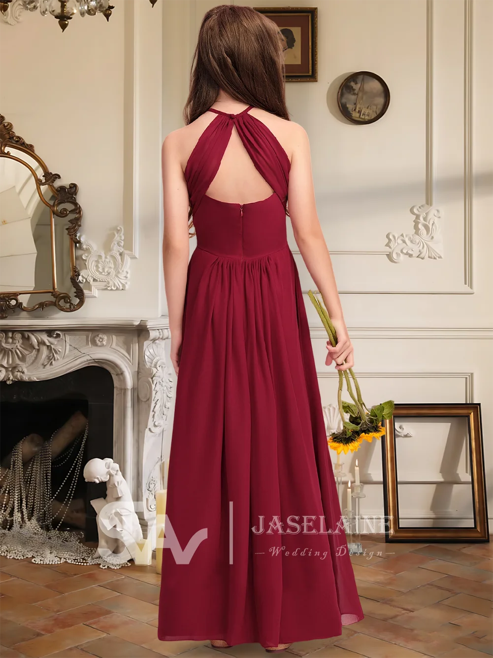 Elegant A-Line Halter Floor-Length Chiffon Junior Bridesmaid Dress Burgundy Flower Girl Dress For Girls Party Wedding Formal