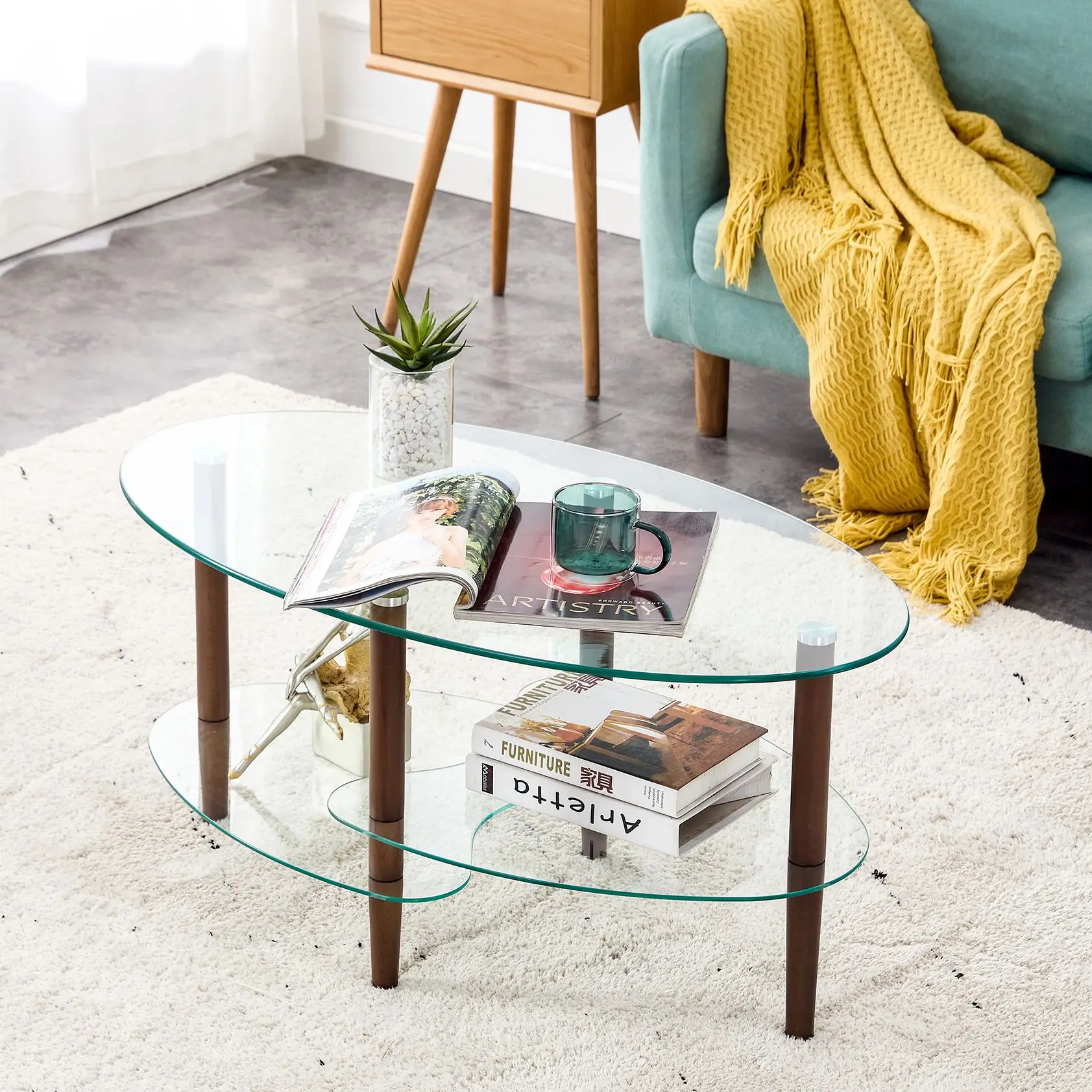 [Flash Sale]Transparent Oval Glass Coffee Table Modern Table In Living Room Oak Wood Leg Tea Table 3-Layer Glass Table[US-W]