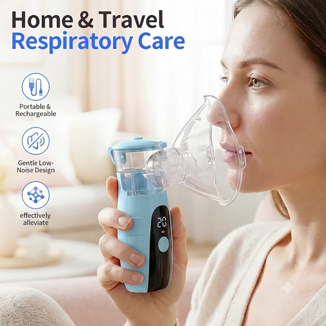 Portable Mesh Nebulizer Machine for Adults Kids Inhaler Handheld Rechargeable Silent Nebuliser Machine Personal Steam Inhaler Kit with LED Screen Display Self-Cleaning Child Adult Mask Mouthpiece Breathing Health Care for Travel Home 7