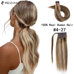 Cola de Caballo rubia resaltada en extensiones de cabello 100% Real, extensión de cabello humano para mujeres, envoltura mágica alrededor de 22 pulgadas