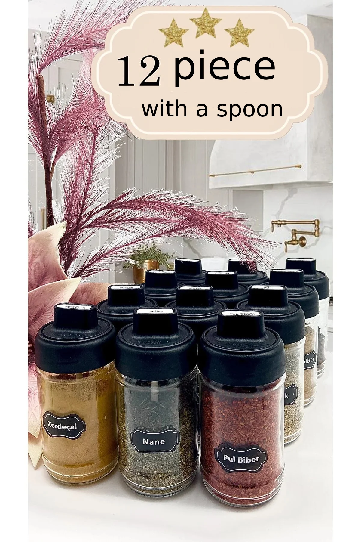 

12 Pieces Spice Set with Label and Locked Lid and Spoon - (300 Ml) Glass Jar