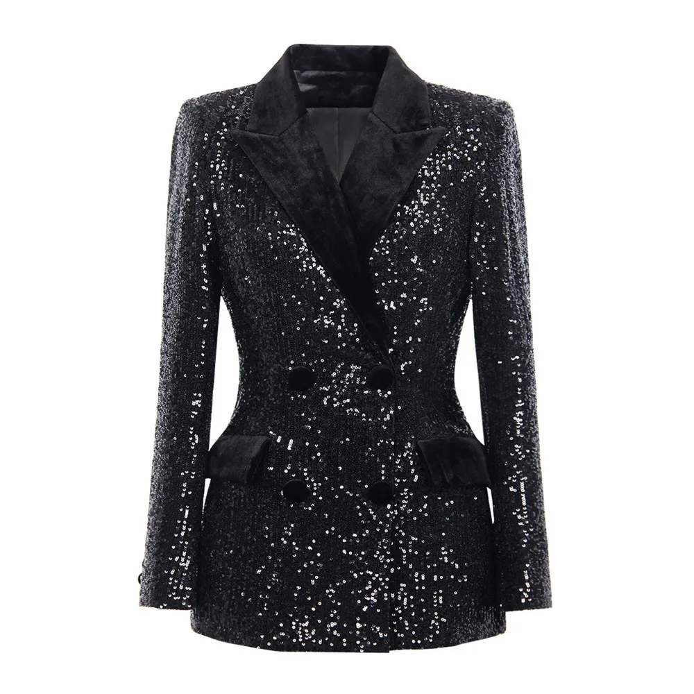 

Women's Sequin Double Breasted Blazer Velvet Lapel Formal Party