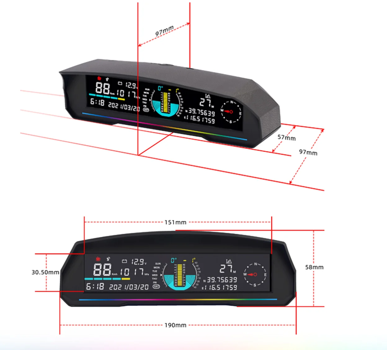 iCARCOMM 4X4 Off Road Multi Information Display With Elevation Attitude Voltage Compass Calender Longitude Latitude Pitch Roll