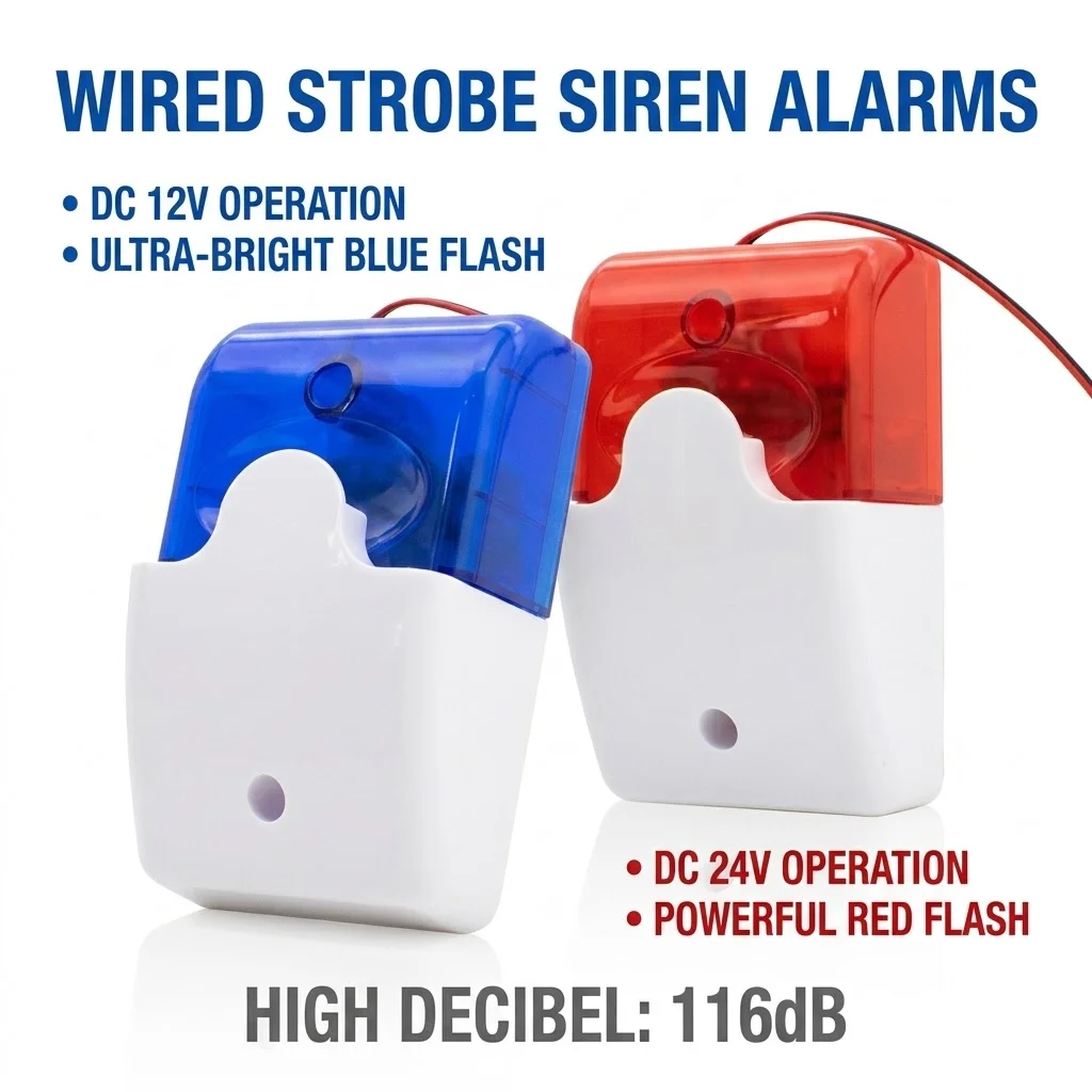 Wired Sound and Light Alarm 12V/24V 116dB LED Strobe Light Flash Siren for Warehouse, Garage Door Burglar Alarm System