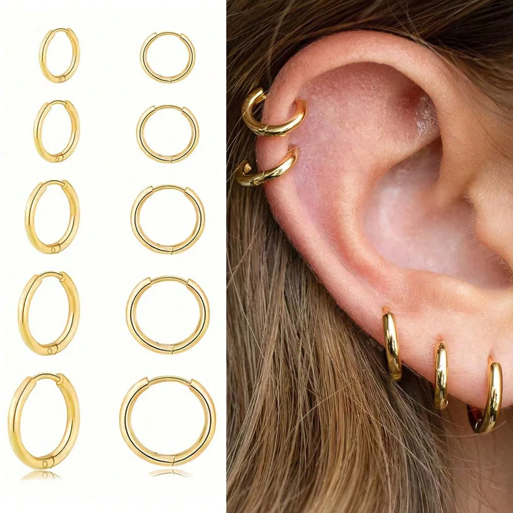 1/5 Pairs of Huggie Hoop Earrings for Women, 14K Gold Plated Stainless Steel Lightweight Hypoallergenic Hinged Small Thin HoopS