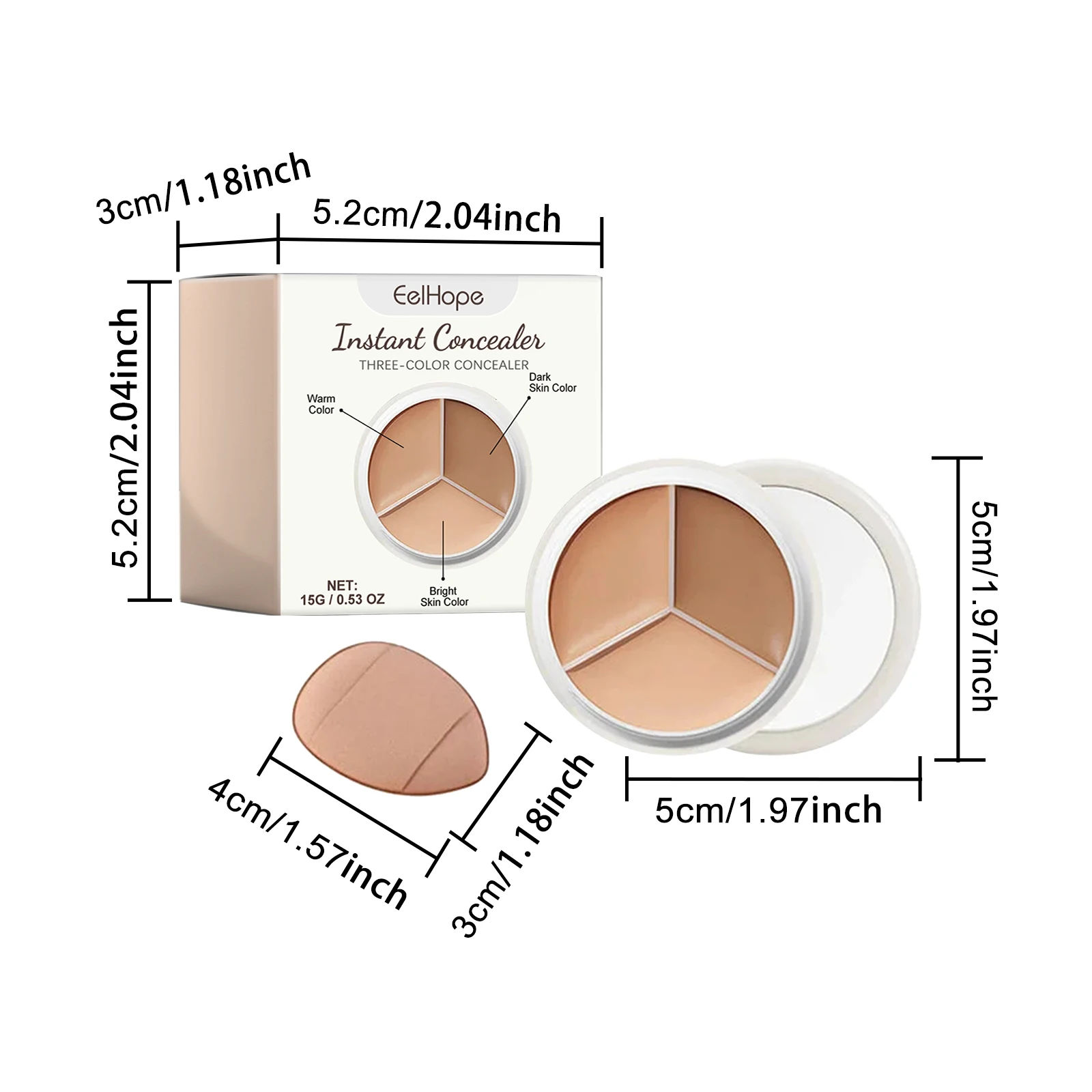 Eelfope corretivo de três cores, cobertura natural, olheiras, remover cicatrizes de acne, maquiagem natural suave duradoura, corretivo facial à prova de suor