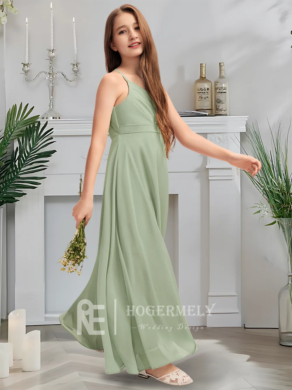 

A Luxurious V-Neck Junior Bridesmaid Dress Sage Green Flower Girl Dress Floor-Length Chiffon With Cascading Pleated Layers