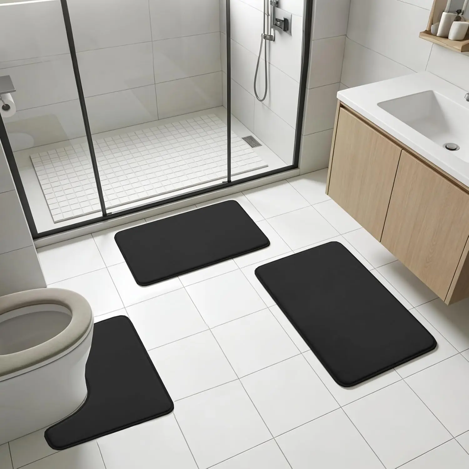 Ultra‑Soft Memory Foam Bathroom Rug Set 3‑Piece, Non‑Slip Flannel Bath Mats, Absorbent Quick Dry, U‑Shaped Toilet Mat + 2 Rectangular Mats, Machine Washable for Shower Bathroom Decor