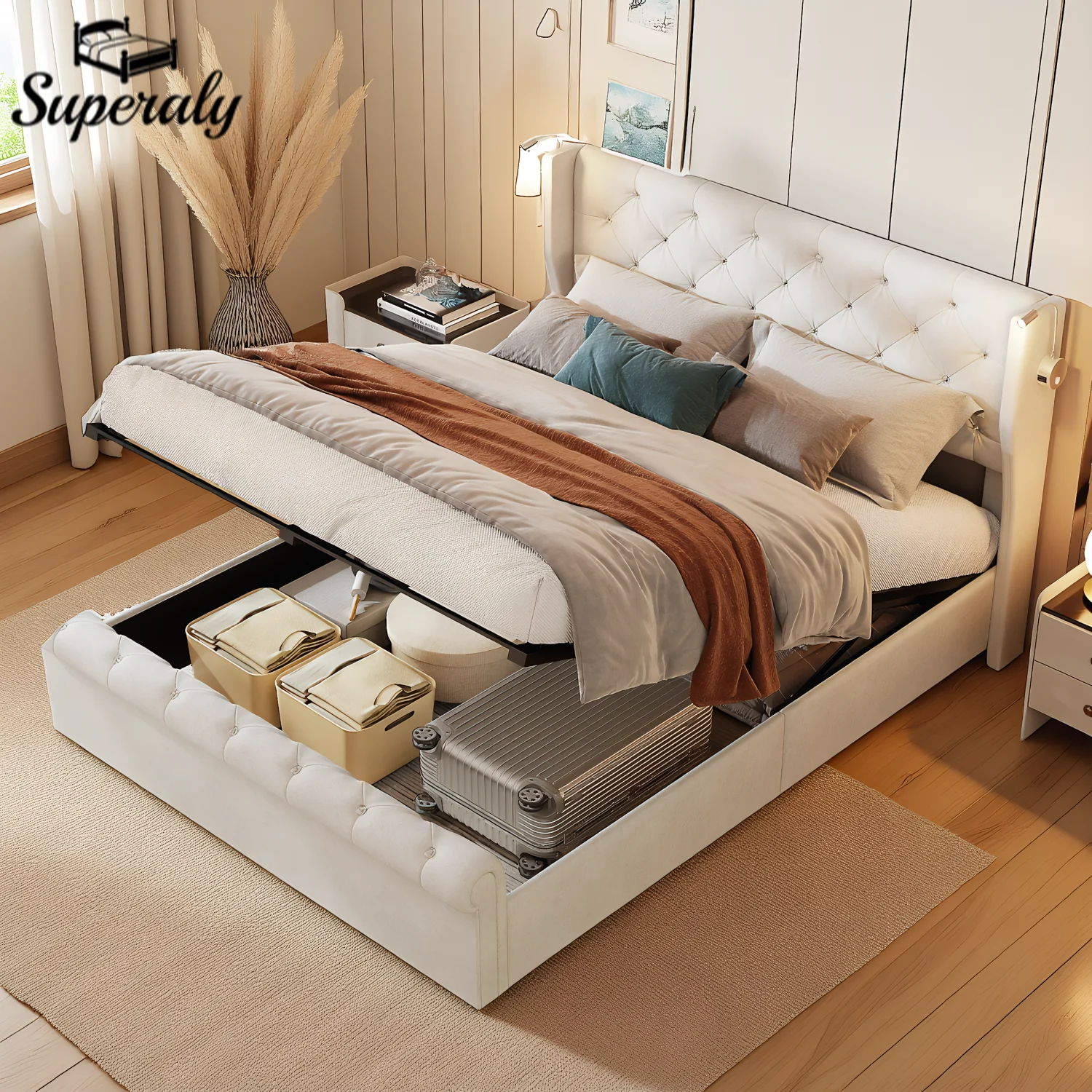Lit de rangement hydraulique Superaly avec 2 lampes de chevet et port de charge USB 140x190cm/160x200cm, cadre de lit double rembourré