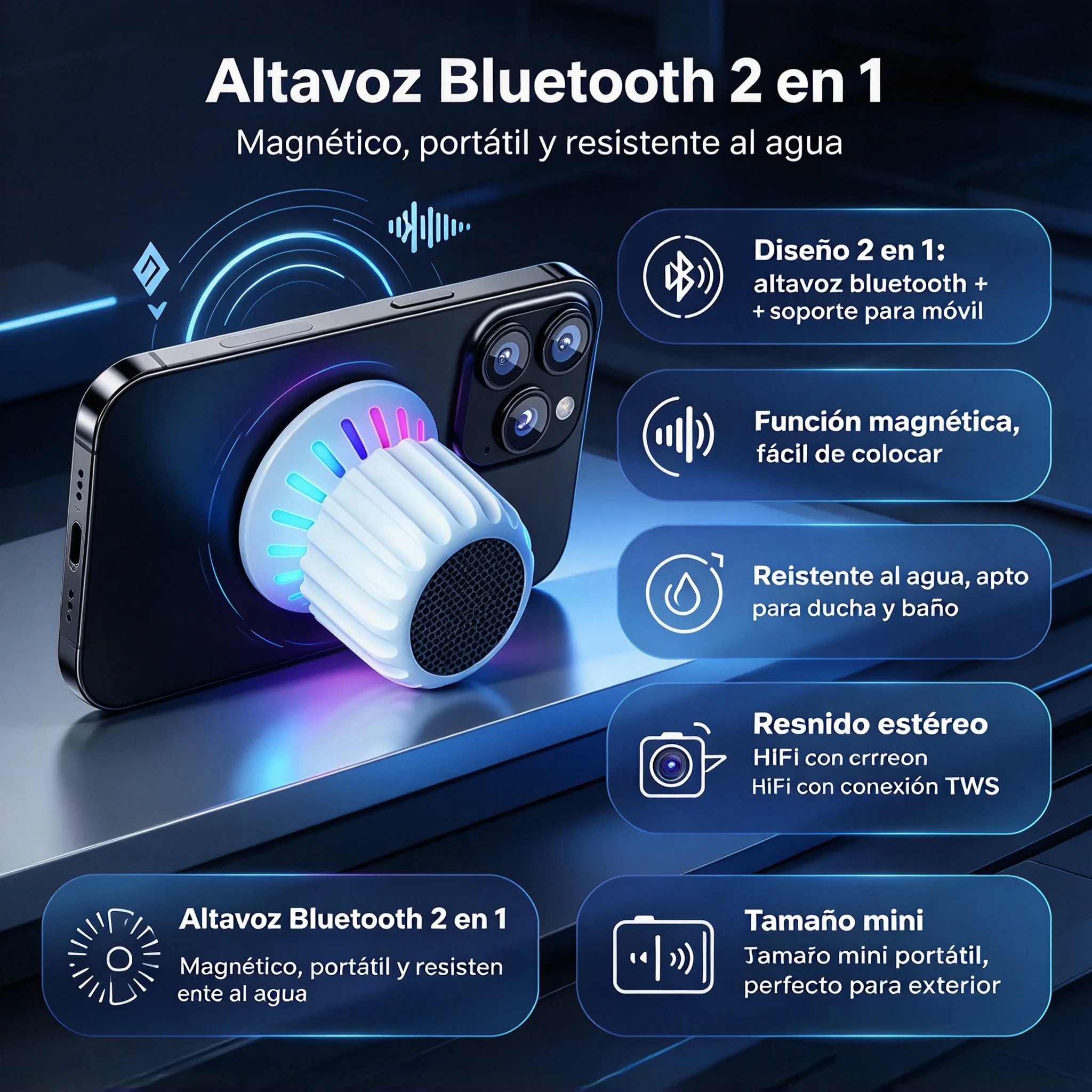 Altavoz Bluetooth Inalámbrico Magnético 2 en 1 con Soporte para Móvil, Mini Portátil Resistente al Agua, Sonido Estéreo TWS HiFi para Exterior, Ducha y Baño