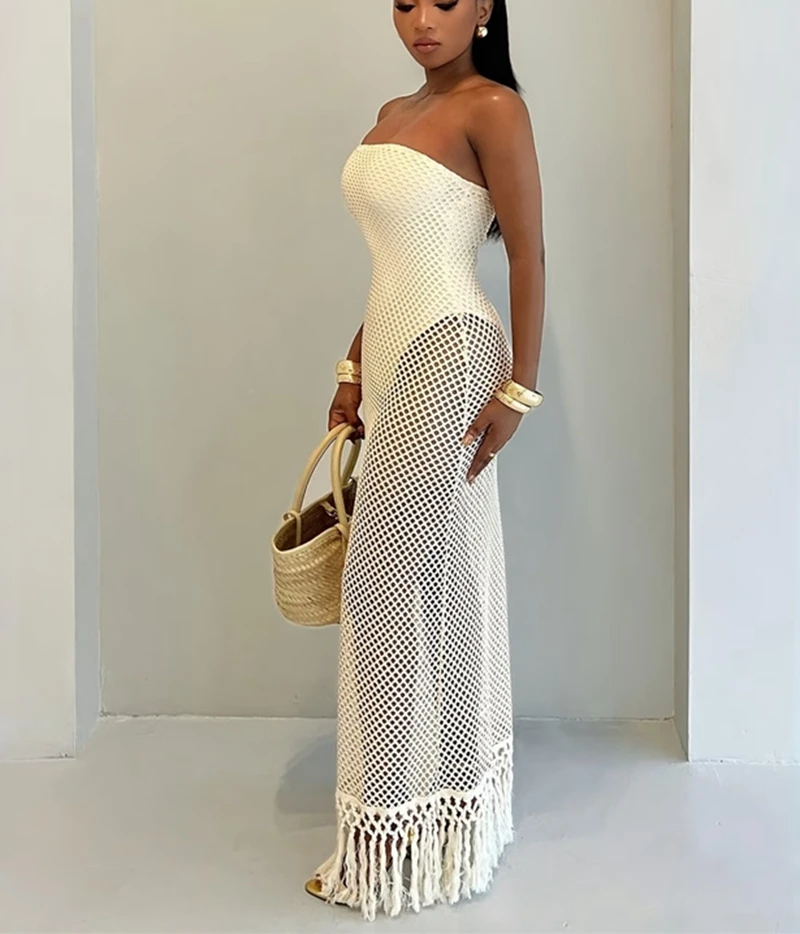 Sexy Fishnet Off Shoulder Long Dress Boho Women's Fringe Tassel Beach Cover Up Summer Swimsuit Sarong for Vacation