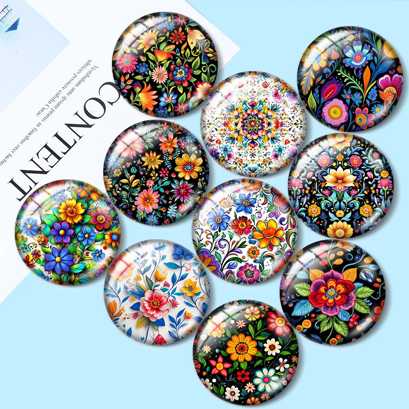 Floral Pattern 10pcs 12mm/18mm/20mm/25mm Round Photo Glass Cabochon Demo Flat Back Making Findings