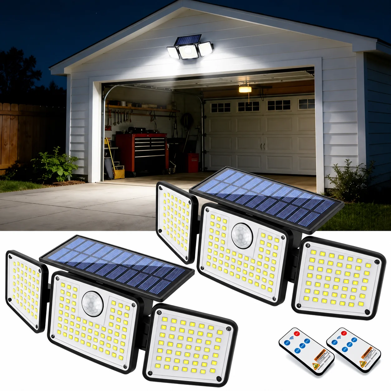 1/2PCS Outdoor Solar Motion Sensor Lights, 3 Adjustable Head LED Security Wall Lights, IP65 Waterproof, 3 Lighting Modes, 120° Wide Angle, with or without Remote Control for Garage, Garden, Yard, Patio, Porch & Driveway