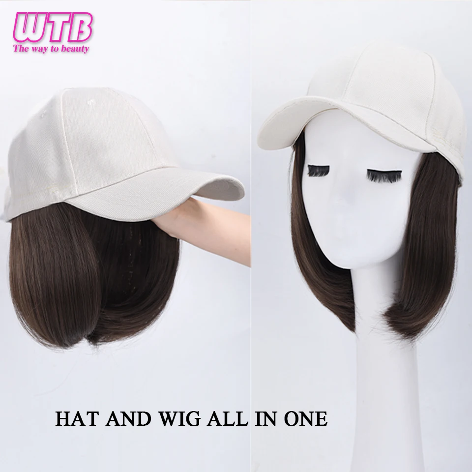 WTB Synthetic Natural Wigs Hat Seamless Connection Hair Extension for Women Wigs Short Bob Baseball Cap Wig Adjustable Black