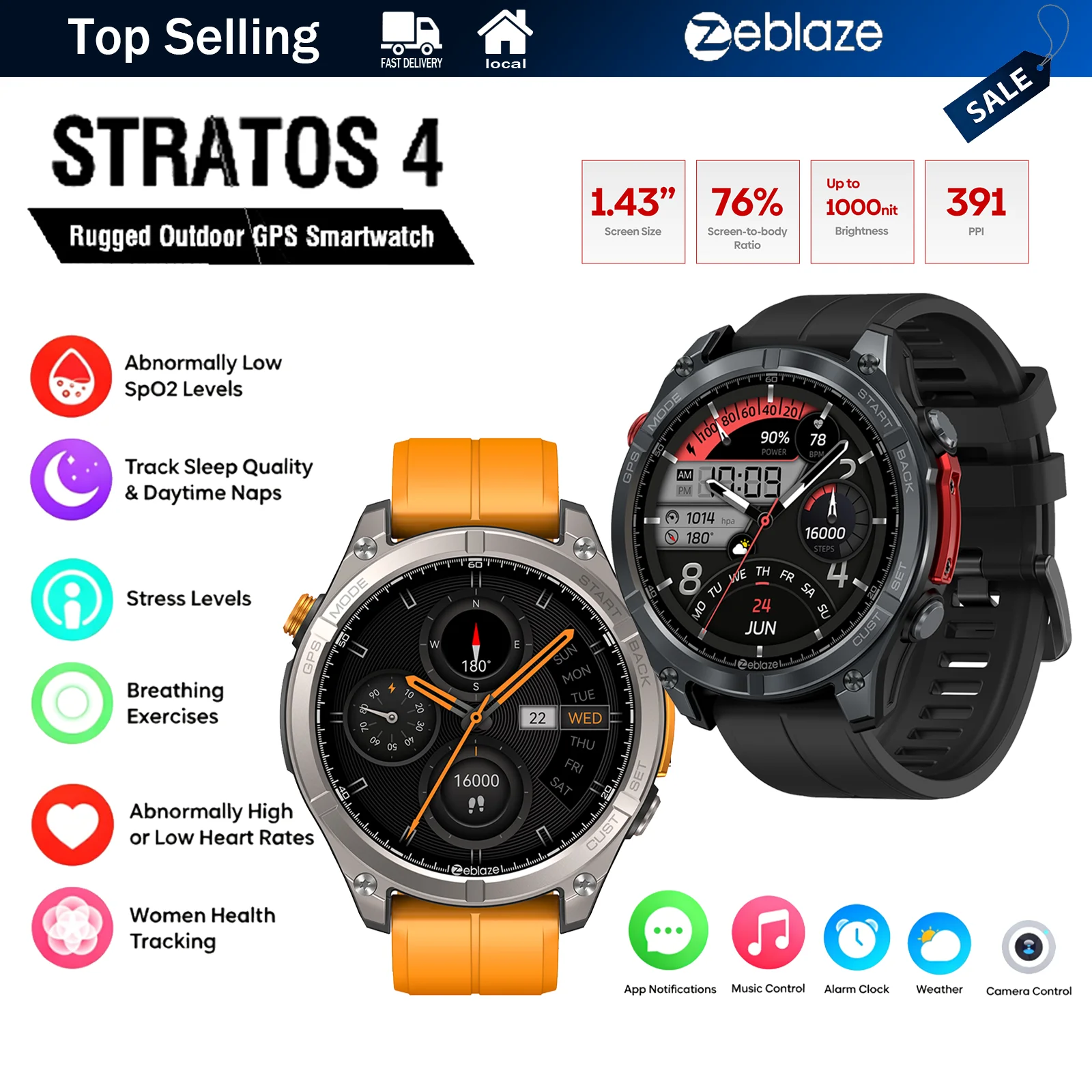 Montre connectée GPS Zeblaze Stratos 4 avec écran AMOLED de 1,43 pouces, boussole, altimètre, appels vocaux, noir orange, étanche 5ATM, tracker de fitness