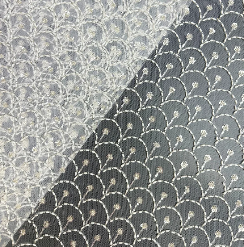 French Tulles Embroidery Fabric and Lace Scale pattern With Sequins and Bead tube for Sewing Party Dress fashion fabric Material
