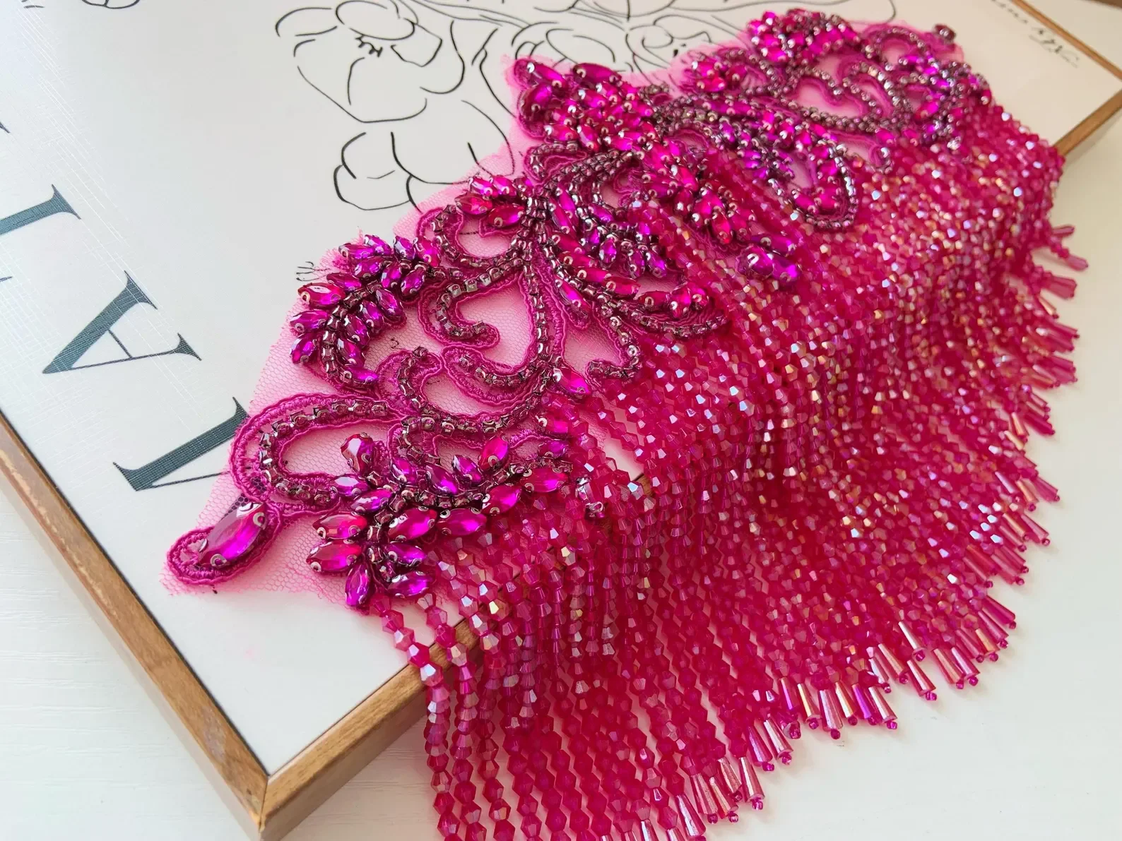 Fuchsia Rhinestone Appliqué Patch With Crystal Fringe, Hot Pink Body Jewelry For Couture Supplies, Dance Wear, Club Wear view 3