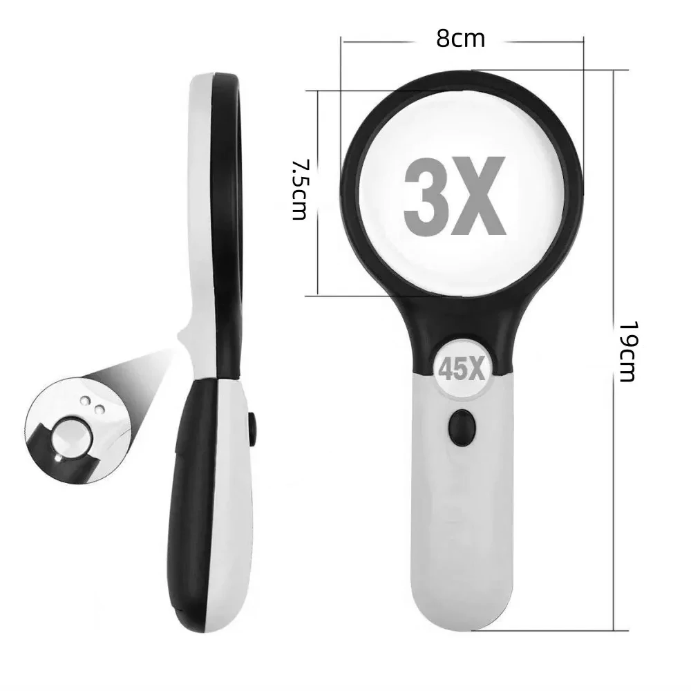 KATWAY White Handheld Magnifying Glass with 45X and 3 LED Lights for Jewelry Loupe and Reading HH-AA43