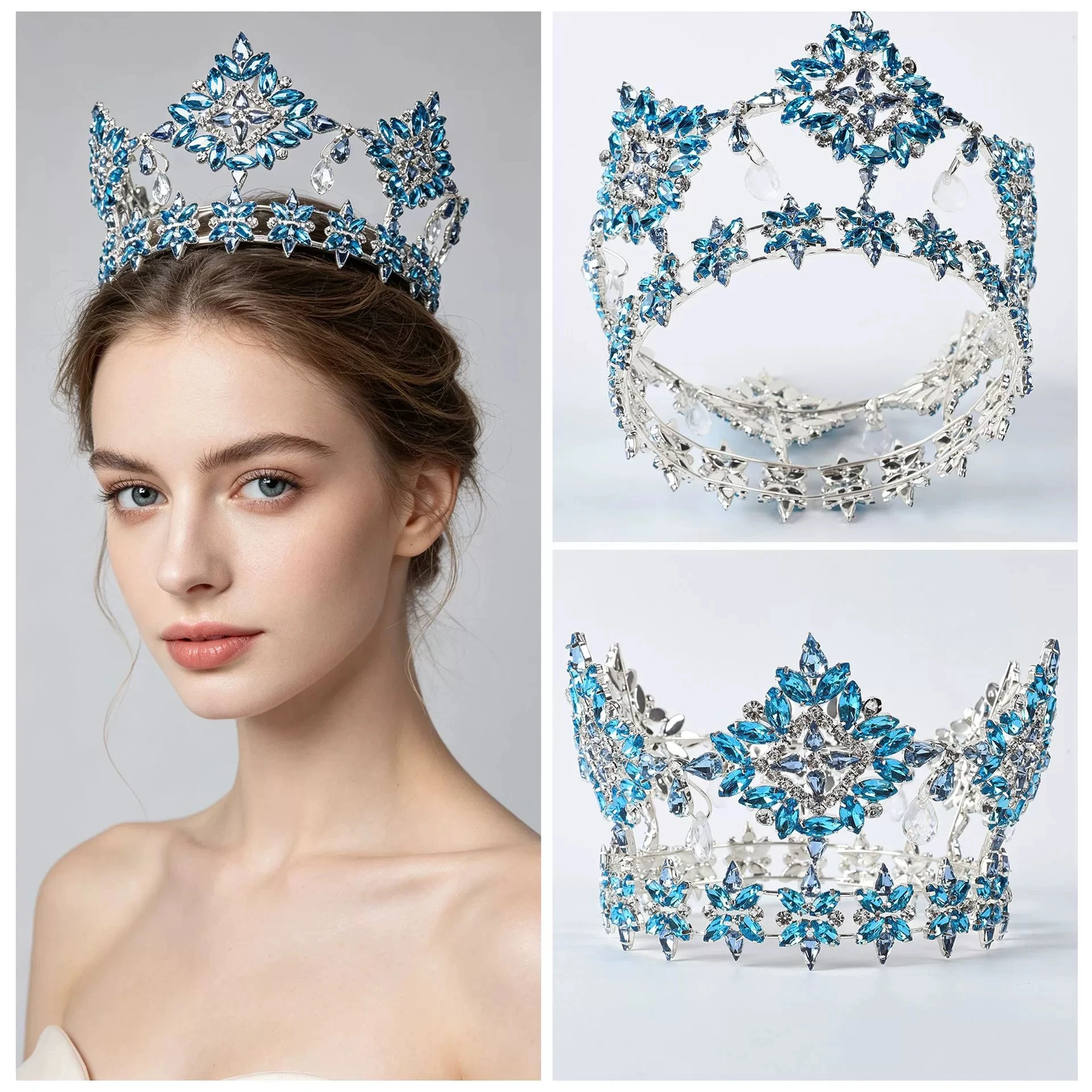 Ice Blue Rhinestone Full Circle Pageant Crown Luxury Large Queen Tiara Bridal Wedding Competition Party Hair Accessory