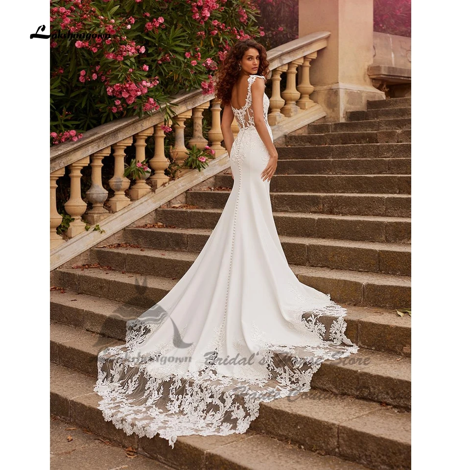 Lakshmigown Vintage Krepp Meerjungfrauen-Brautkleid mit Spitzenärmeln 2026 Sexy Damen Boho Strand-Brautkleid mit langer Schleppe – Detail 4