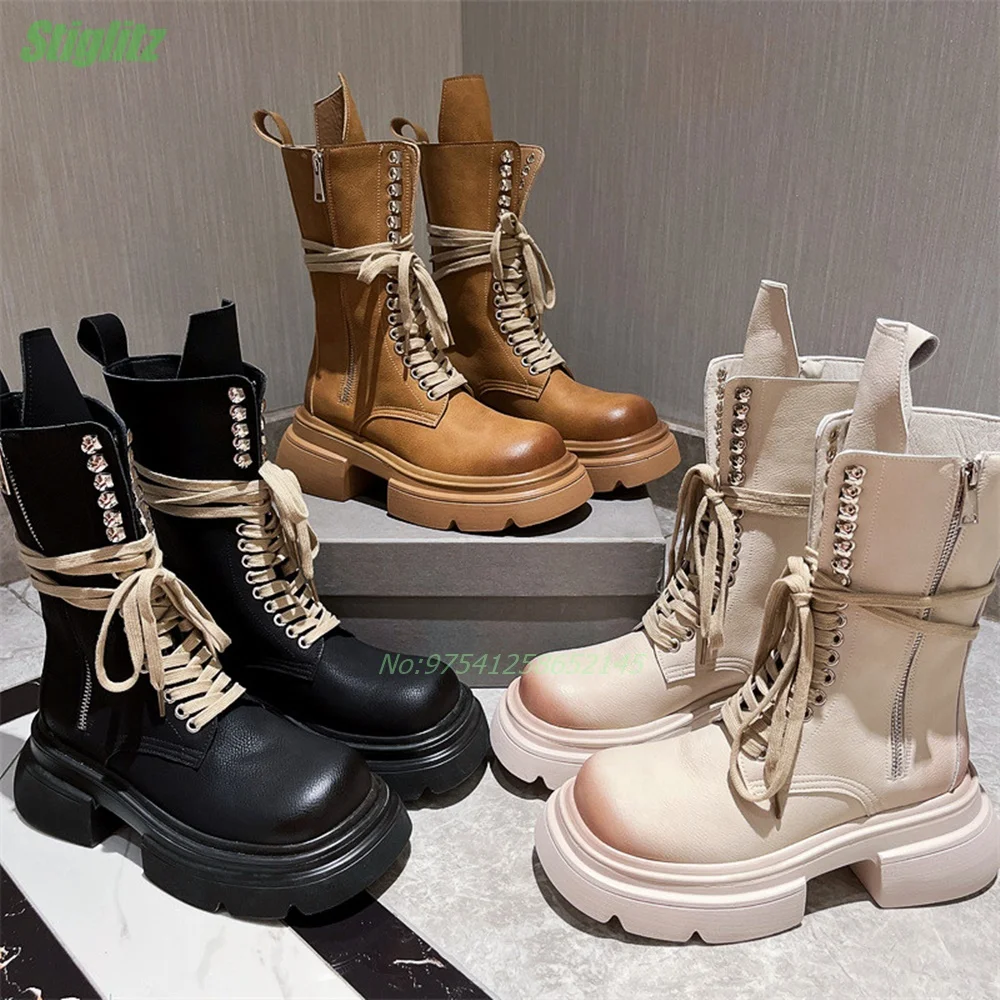 Lace-up Genuine Leather Boots Big Round Toe Chunky Thick Mid-Calf Spring Winter New Arrival Women\'s Shoes Fashion Street Solid