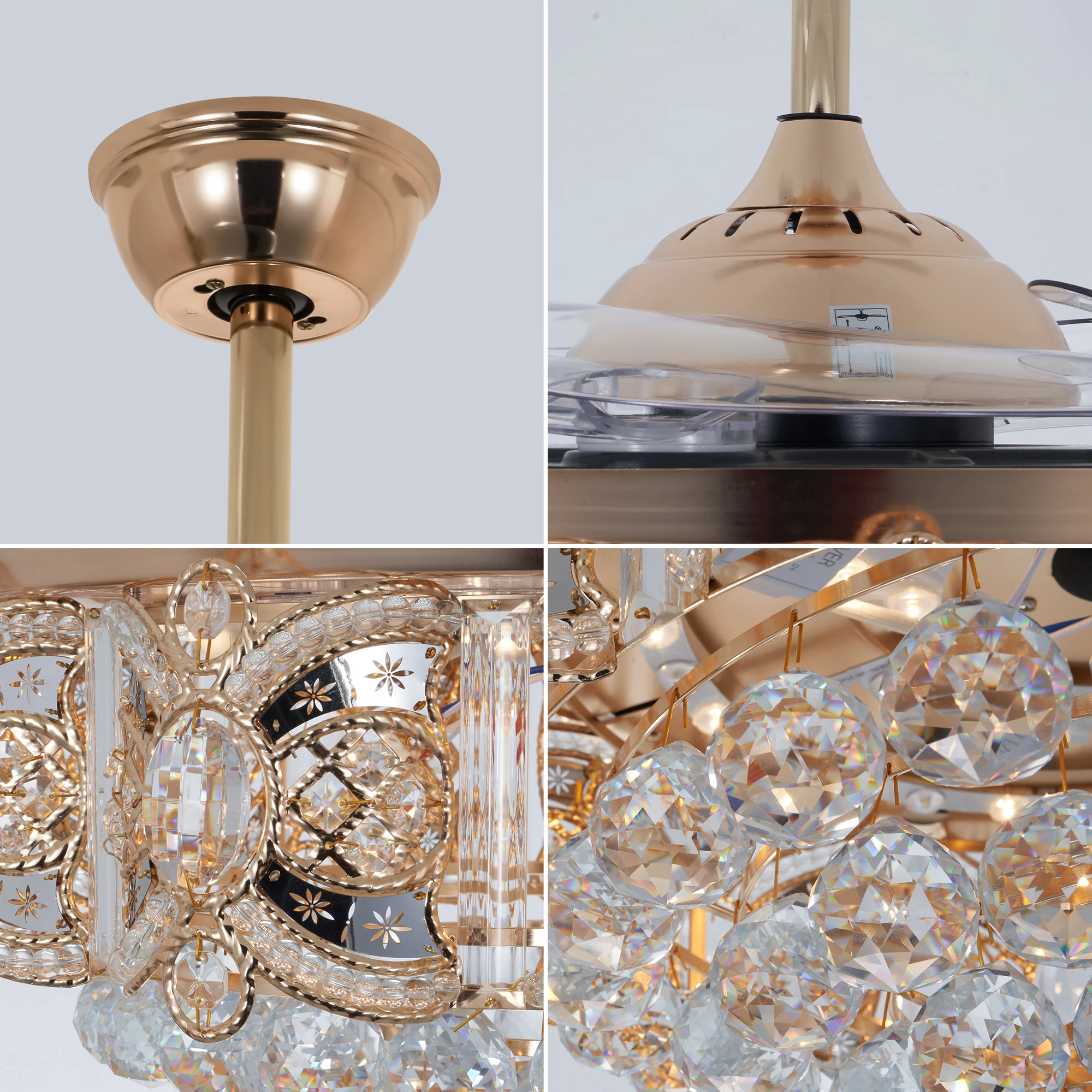 42인치 크리스탈 LED 매립형 천장 선풍기 조명, 리모컨 포함, 거실 및 식당에 적합