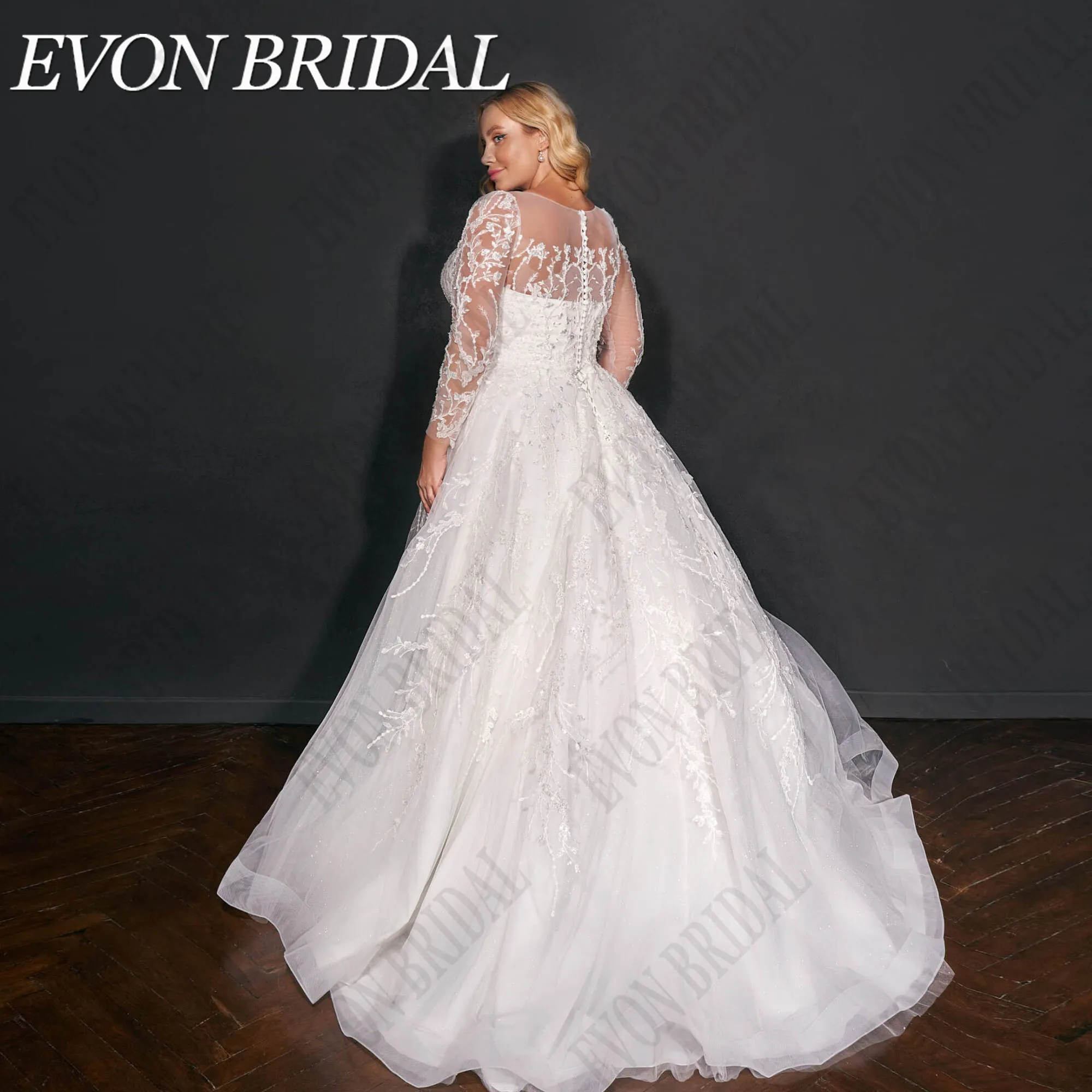 EVON BRIDAL Customized Plus Size Elegant Bride Gowns O-Neck Applique Lace Wedding Gown Sweep Train vestidos de novia Long Sleeve