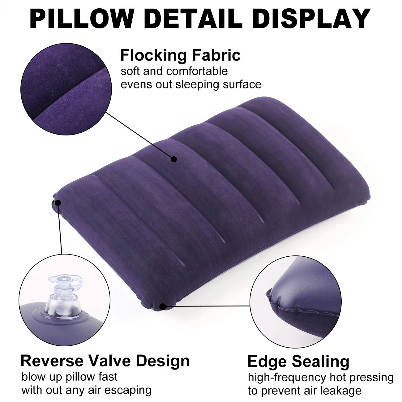 Inflatable Flocked Pillow Soft Portable Travel Camping Pillow for Indoor Outdoor Home Bed Sofa Car Neck Support  Selling view 6