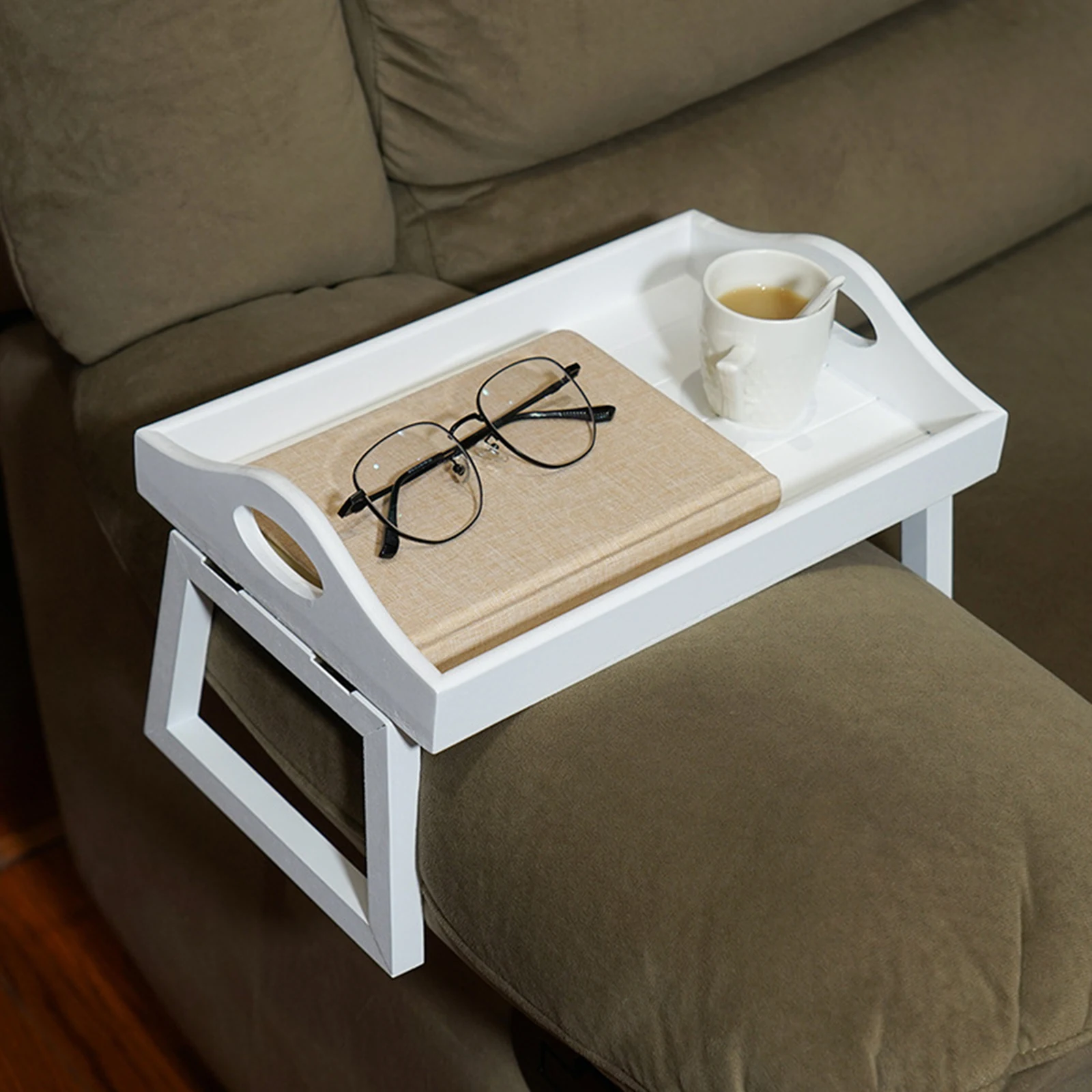 Multi Function Clip On Sofa Tray with Foldable Legs Armrest Snack Tray Laptop Stand Serving Table for Bed Coffee Breakfast Floor