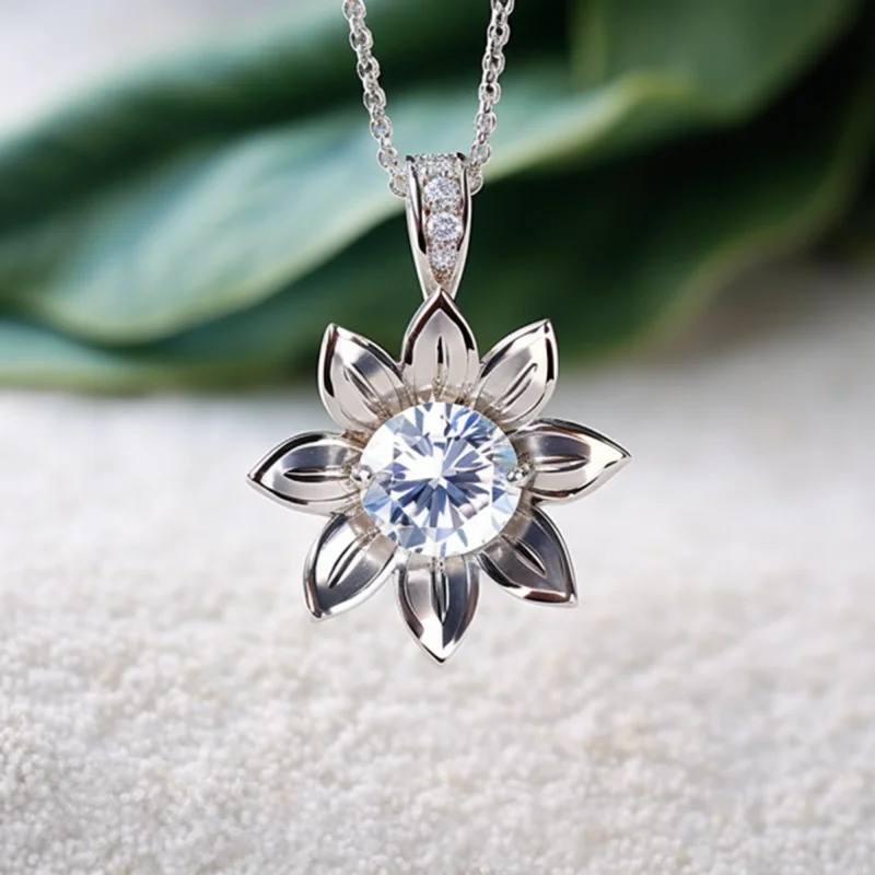 SGARIT Jewelry Classic 14K White Gold Sunflower Necklace Inlaid 3CT Round Cut Diamond Pendant Necklace for Girl Birthday Gift