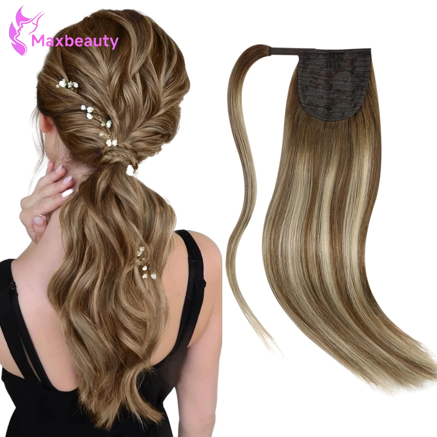 وصلات شعر بشري بمشبك على شكل ذيل حصان # 4/27 تسليط الضوء على اللون التفاف حول ذيل حصان مستقيم 100 جرام/قطعة ذيل حصان الشعر البشري البرازيلي #1