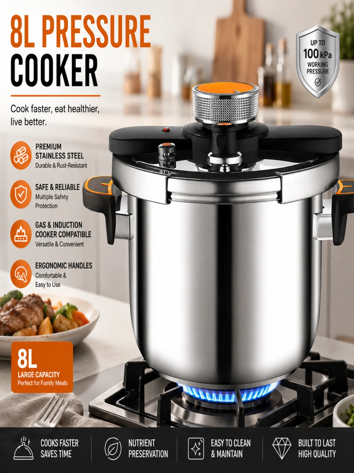 8L Edelstahl-Schnellkochtopf mit Großer Kapazität, Sicherheitsverschluss, Gas- und Induktionsgeeignet, Schnelles Kochen, Küchen-Kochgeschirr