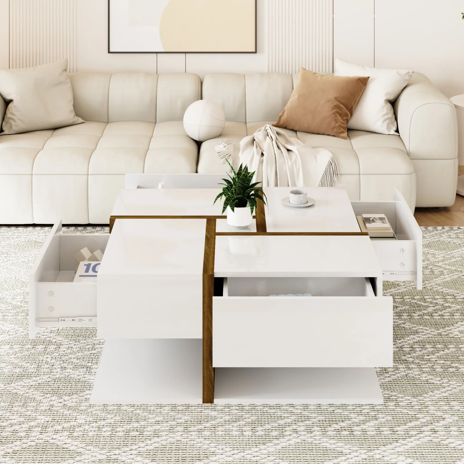 Comanlai 78x78x34,8 cm Tavolino lucido, Tavolo da soggiorno, Tavolo centrale per divano unico, con 4 cassetti, Due livelli di archiviazione